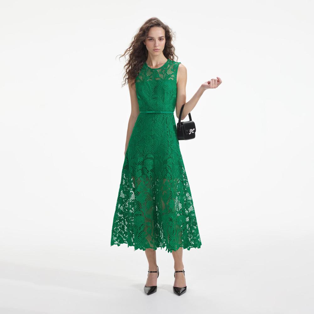 SELF PORTRAIT SS24 Green Lace Sleeveless Midi Dress