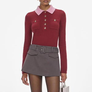 SP VIP PRICE Burgundy Pink Contrast Collar Knit Top