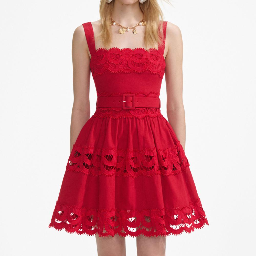 SP VIP PRICE Red Linen Lace Insert Mini Dress