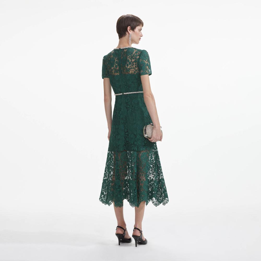 SELF PORTRAIT SS24 Green Lace Diamante Bow Midi Dress