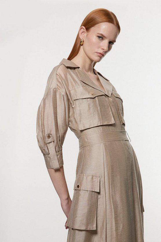 Karen Millen UK SALE Organdie Slub Utility Pocket Detail Woven Shirt Dress