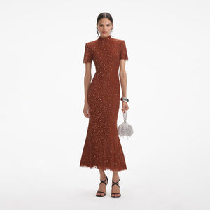 SELF PORTRAIT SS24 Brown Square Rhinestone Mesh Midi Dress