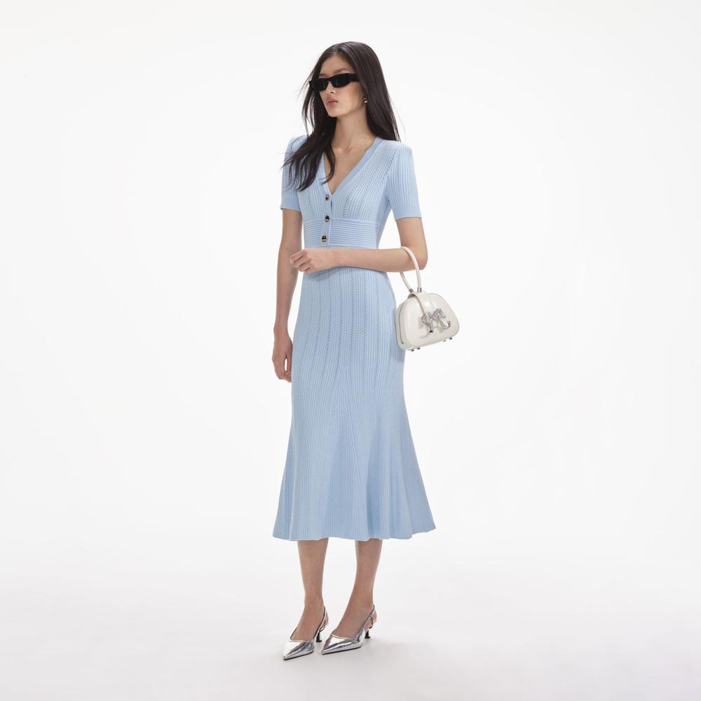 SELF PORTRAIT SS24 Blue Pointelle Knit Midi Dress