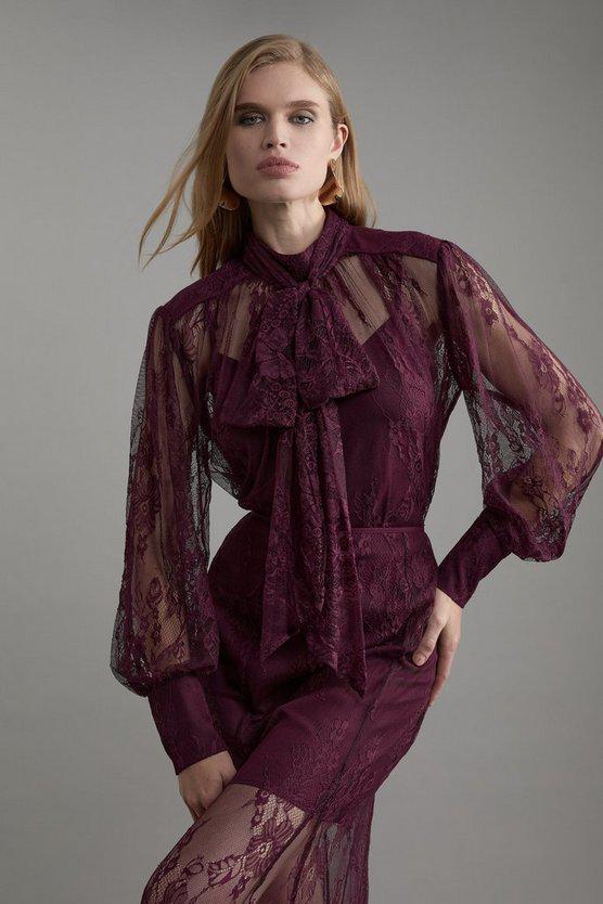 Karen Millen UK SALE Sheer Lace Balloon Sleeve Bow Detail Blouse - wine