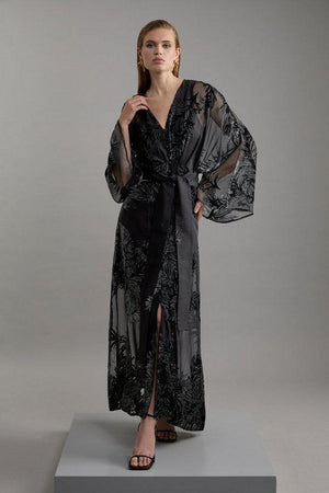 Karen Millen UK SALE Feather Devore Woven Kimono Maxi Dress - black