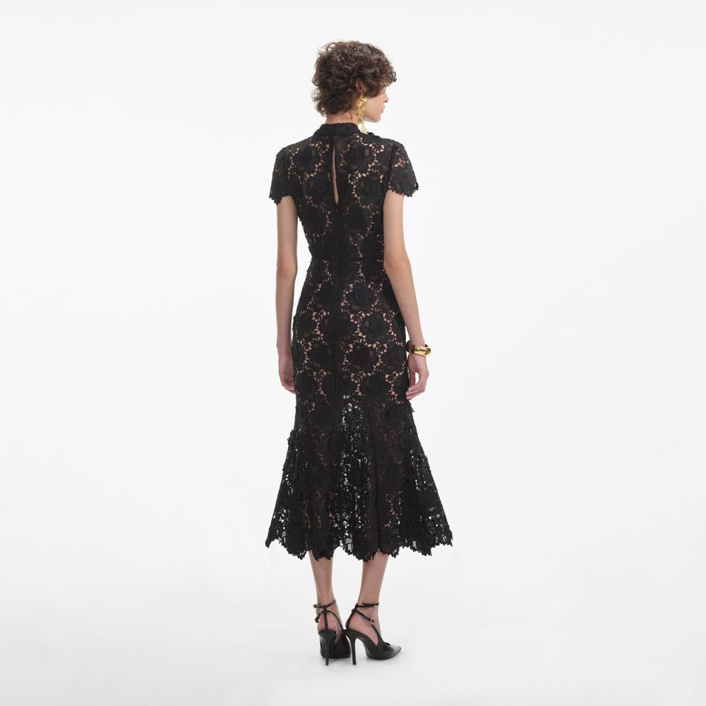 SELF PORTRAIT SS24 Black Flower Lace Midi Dress