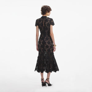 SELF PORTRAIT SS24 Black Flower Lace Midi Dress