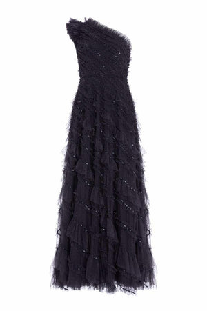 Needle & Thread SPRING/SUMMER Spiral Sequin One-Shoulder Ankle Gown - black