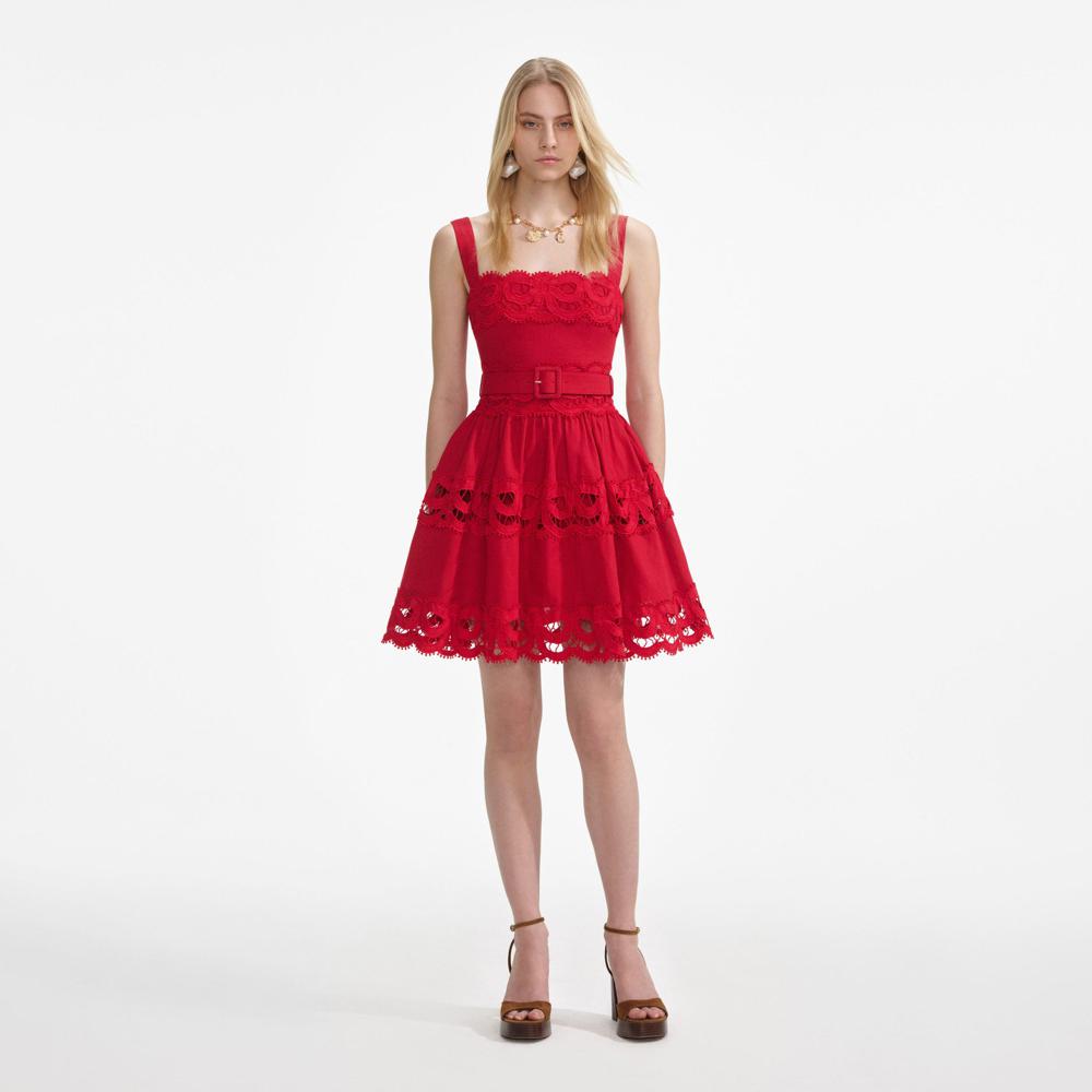 SP VIP PRICE Red Linen Lace Insert Mini Dress