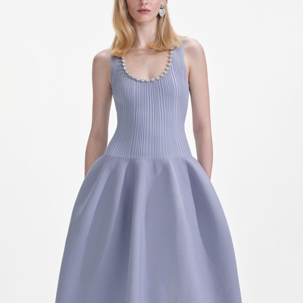 SP VIP PRICE Blue Ribbed Knit Diamante Midi Dress