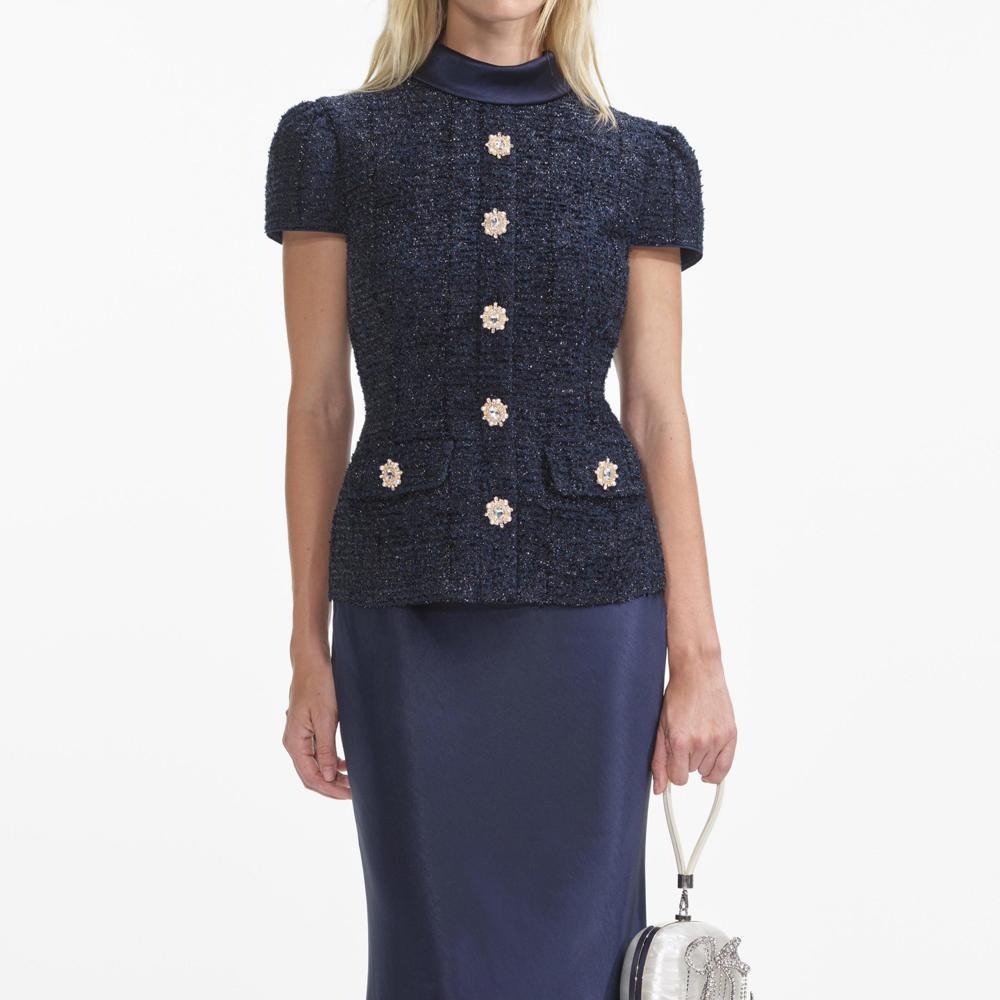 SP VIP PRICE Navy Metallic Boucle Maxi Dress