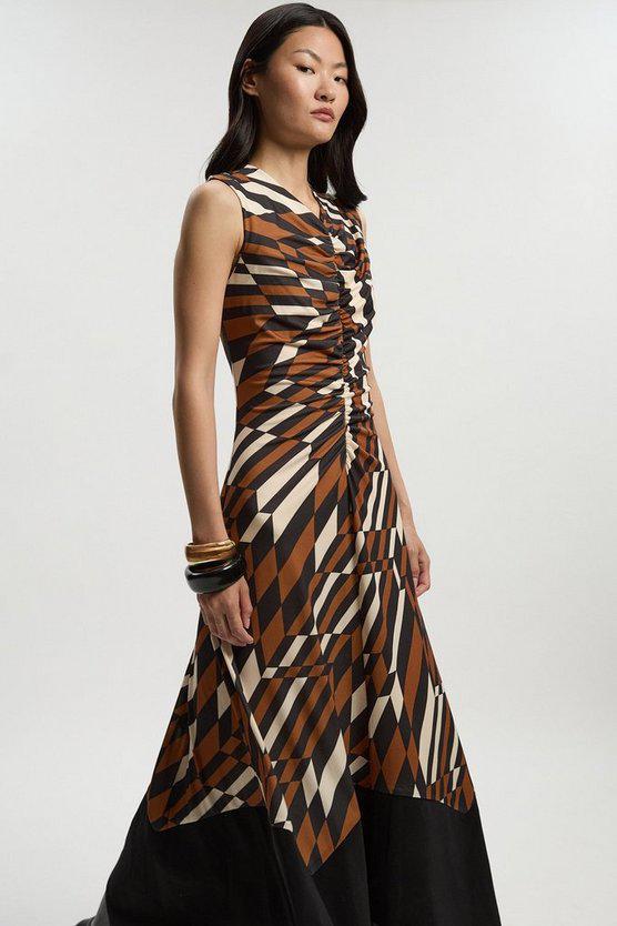Karen Millen UK SALE Geo Printed Jersey Crepe Hanky Hem Maxi Dress