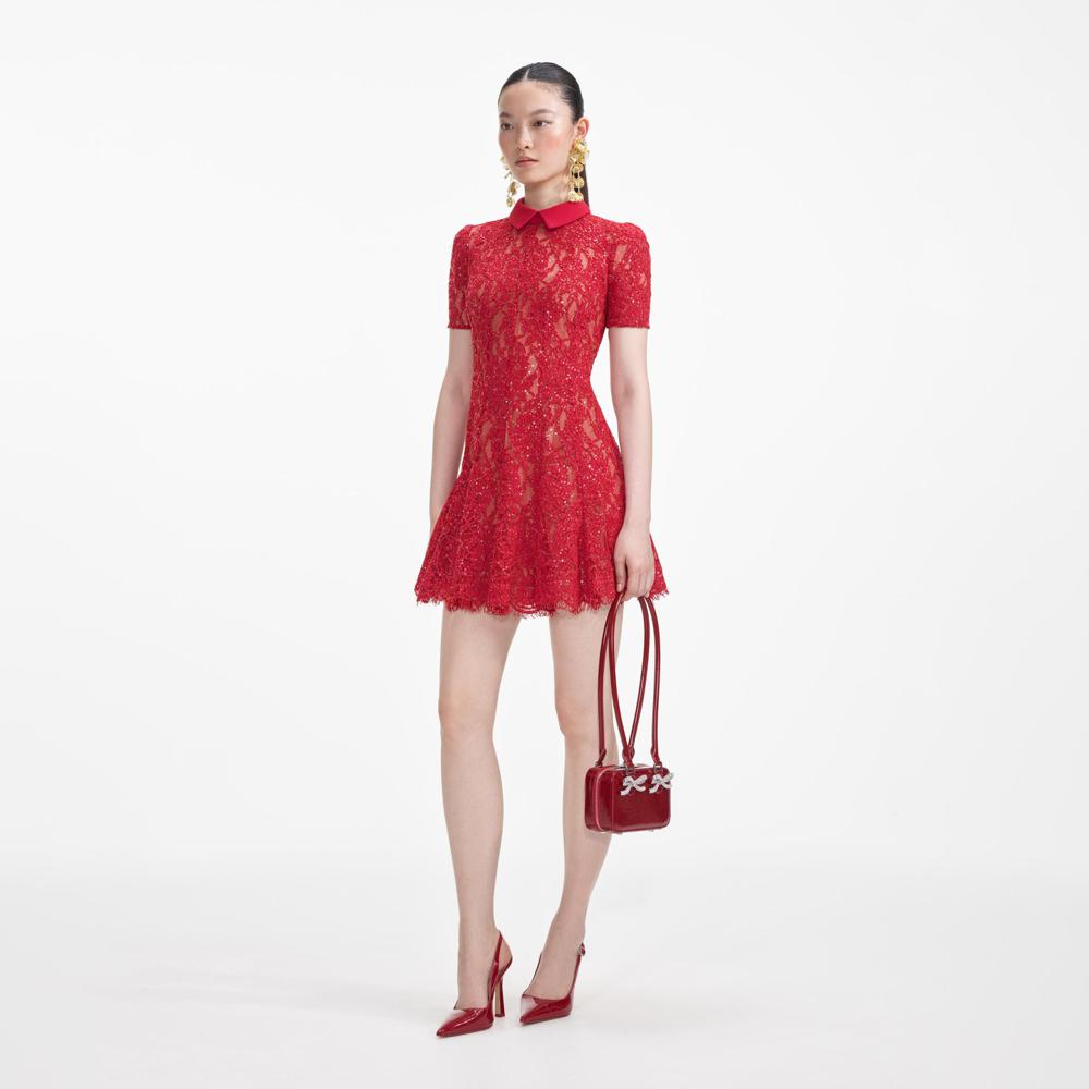 SELF PORTRAIT SS24 Red Sequin Lace Mini Dress