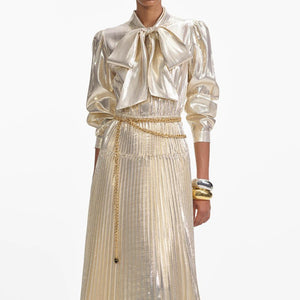 SELF PORTRAIT SS25 VIP PRICE Gold Metallic Pussy Bow Maxi Dress