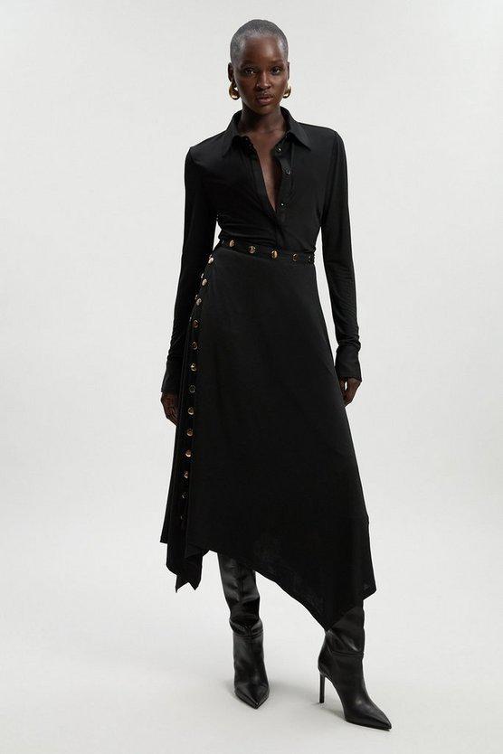 Karen Millen UK SALE Drapey Crepe Hanky Hem Eyelet Detail Maxi Skirt - black