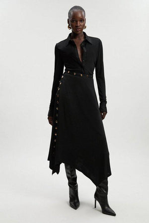 Karen Millen UK SALE Drapey Crepe Hanky Hem Eyelet Detail Maxi Skirt - black