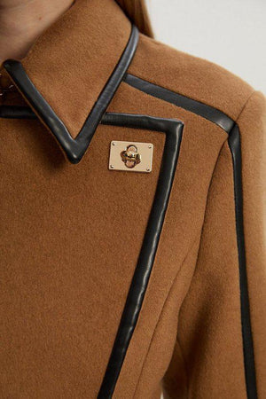 Karen Millen UK SALE Brushed Wool Pu Trim Belted Tailored Double Breasted Midi Coat - camel