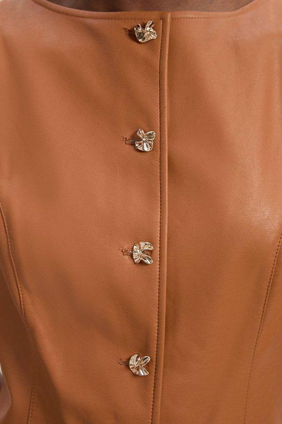 Karen Millen UK SALE Faux Leather Button Detail Midi Pencil Dress - camel