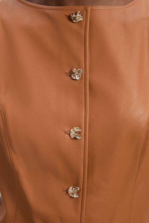 Karen Millen UK SALE Faux Leather Button Detail Midi Pencil Dress - camel