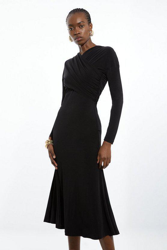 Karen Millen UK SALE Ruched Jersey Crepe Midi Dress - black