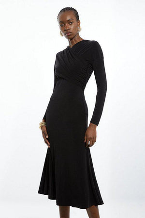 Karen Millen UK SALE Ruched Jersey Crepe Midi Dress - black