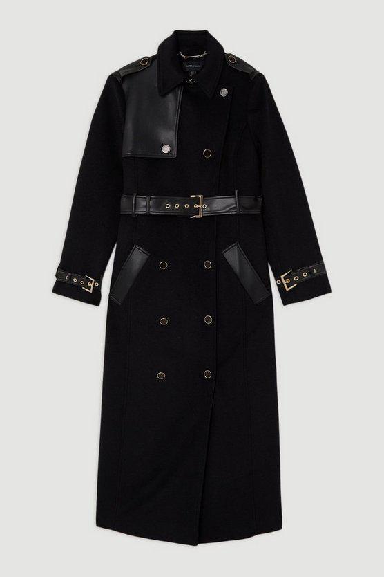 Karen Millen UK SALE Brushed Wool Pu Trim Belted Tailored Double Breasted Midi Coat - black