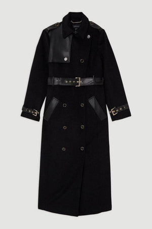 Karen Millen UK SALE Brushed Wool Pu Trim Belted Tailored Double Breasted Midi Coat - black