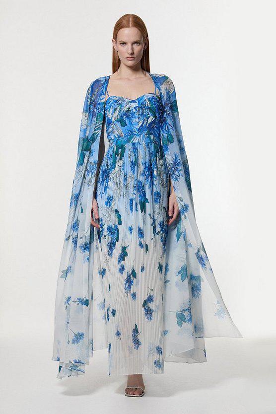 Karen Millen UK SALE Scattered Floral Print Woven Pleated Cape Maxi Dress - blue