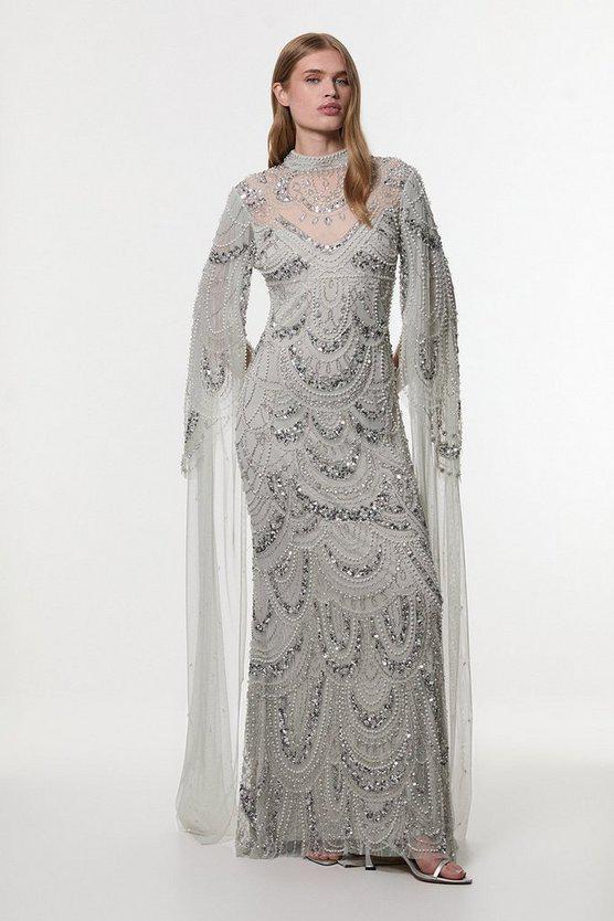 Karen Millen UK SALE Premium Beaded Embellished Woven Midaxi Cape Dress