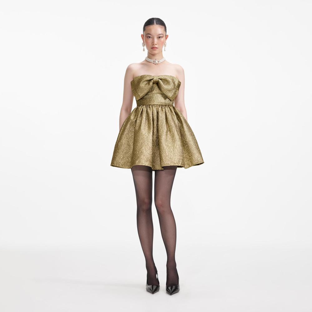 SELF PORTRAIT SS24 Gold Metallic Jacquard Mini Dress