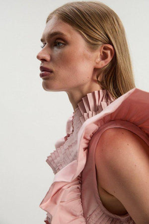 Karen Millen UK SALE Pleated Ruffle Sleeve Woven Top - blush