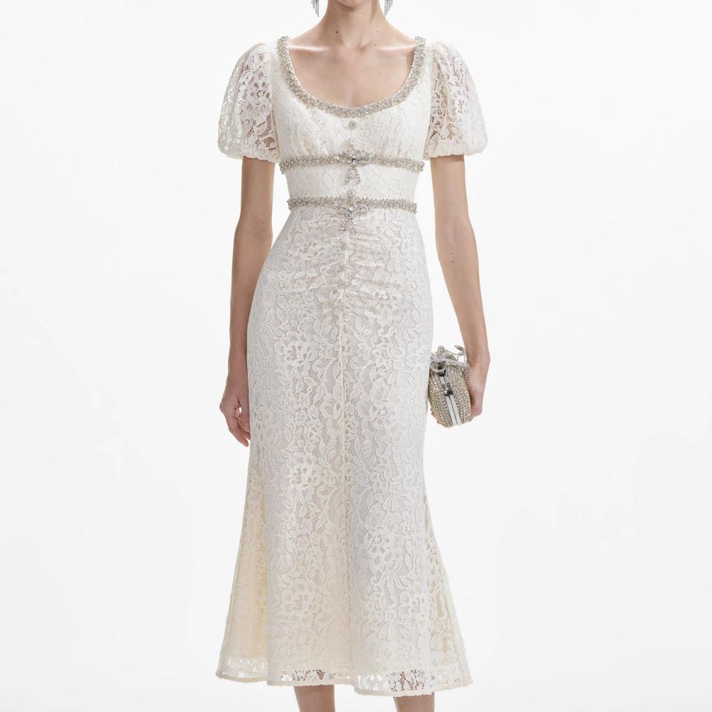 SELF PORTRAIT SS24 Cream Lace Diamante Trim Midi Dress