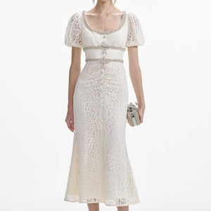 SELF PORTRAIT SS24 Cream Lace Diamante Trim Midi Dress