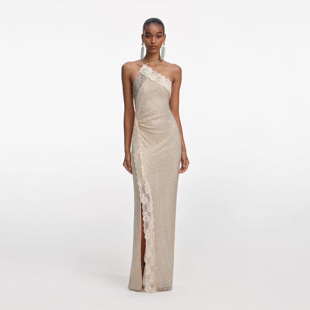 SP VIP PRICE Champagne Rhinestone Lace Trim Maxi Dress