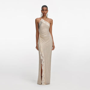 SP VIP PRICE Champagne Rhinestone Lace Trim Maxi Dress