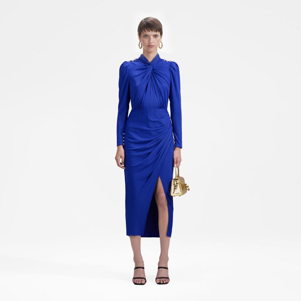 SELF PORTRAIT BLACK FRIDAY SALE Blue Stretch Crepe Twisted Collar Midi Dress