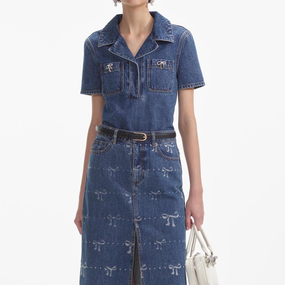 SELF PORTRAIT SS24 Bow Trim Denim Top