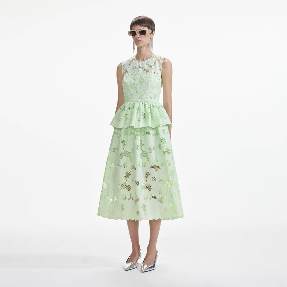 SELF PORTRAIT SS24 Mint Cotton Lace Peplum Midi Dress