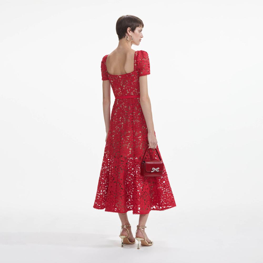 SELF PORTRAIT SS24 Red Floral Lace Midi Dress