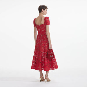 SELF PORTRAIT SS24 Red Floral Lace Midi Dress