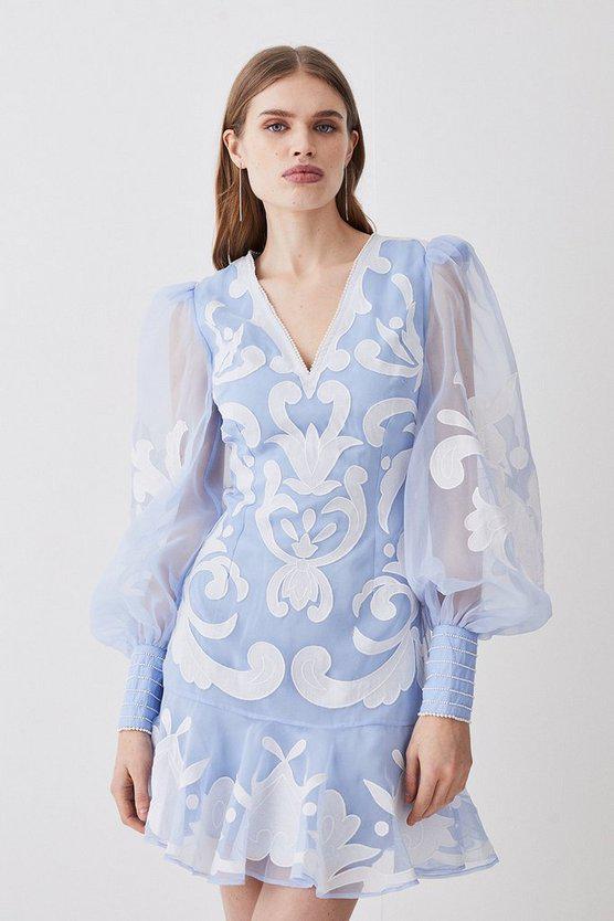 Karen Millen UK SALE Applique Organdie Buttoned Woven Mini Dress - blue