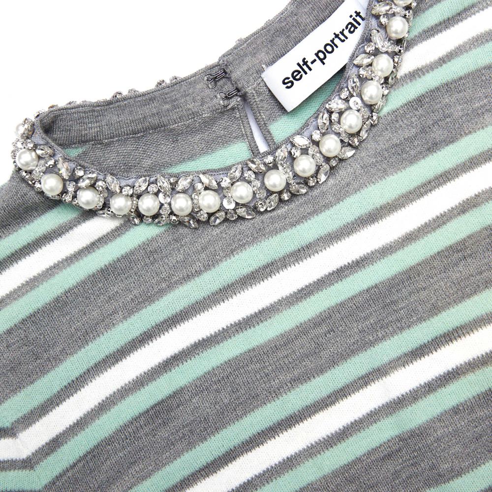 SP VIP PRICE Grey Striped Crystal Trim Knit Top