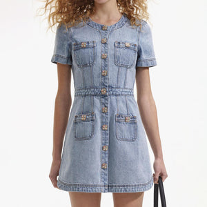 SELF PORTRAIT BLACK FRIDAY SALE Light Blue Denim Buttoned Mini Dress