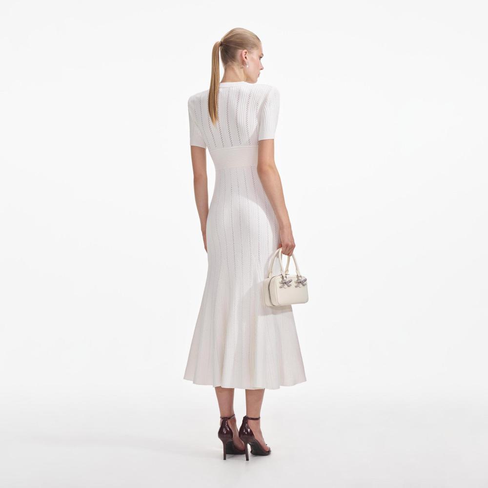 SELF PORTRAIT SS24 Cream Pointelle Knit Midi Dress