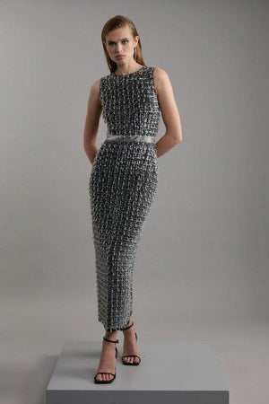 Karen Millen UK SALE Petite Embellished Woven Midi Dress - gun metal