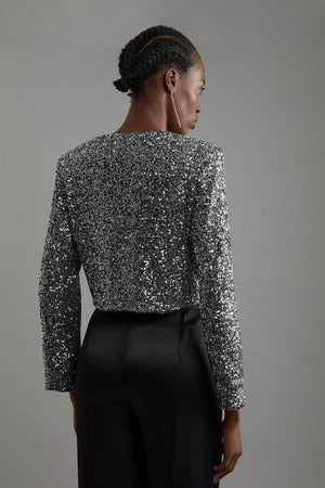 Karen Millen UK SALE Tailored Sequin Cropped Blazer - gun metal