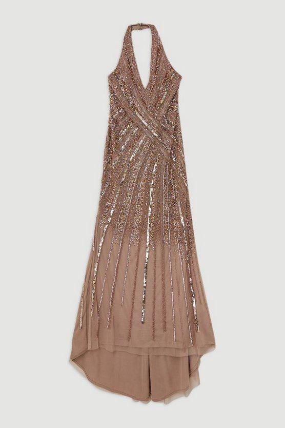 Karen Millen UK SALE Metallic Embellished And Beaded Halter Maxi Dress