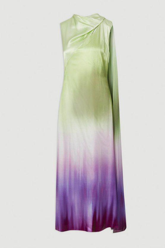 Karen Millen UK SALE Ombre Satin Drape Georgette Cape Detail Midi Dress