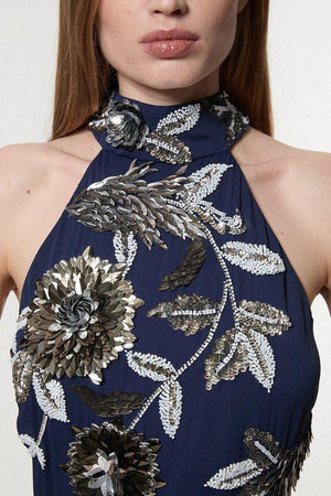 Karen Millen UK SALE Floral 3D Embellished Halter Tie Neck Woven Maxi Dress