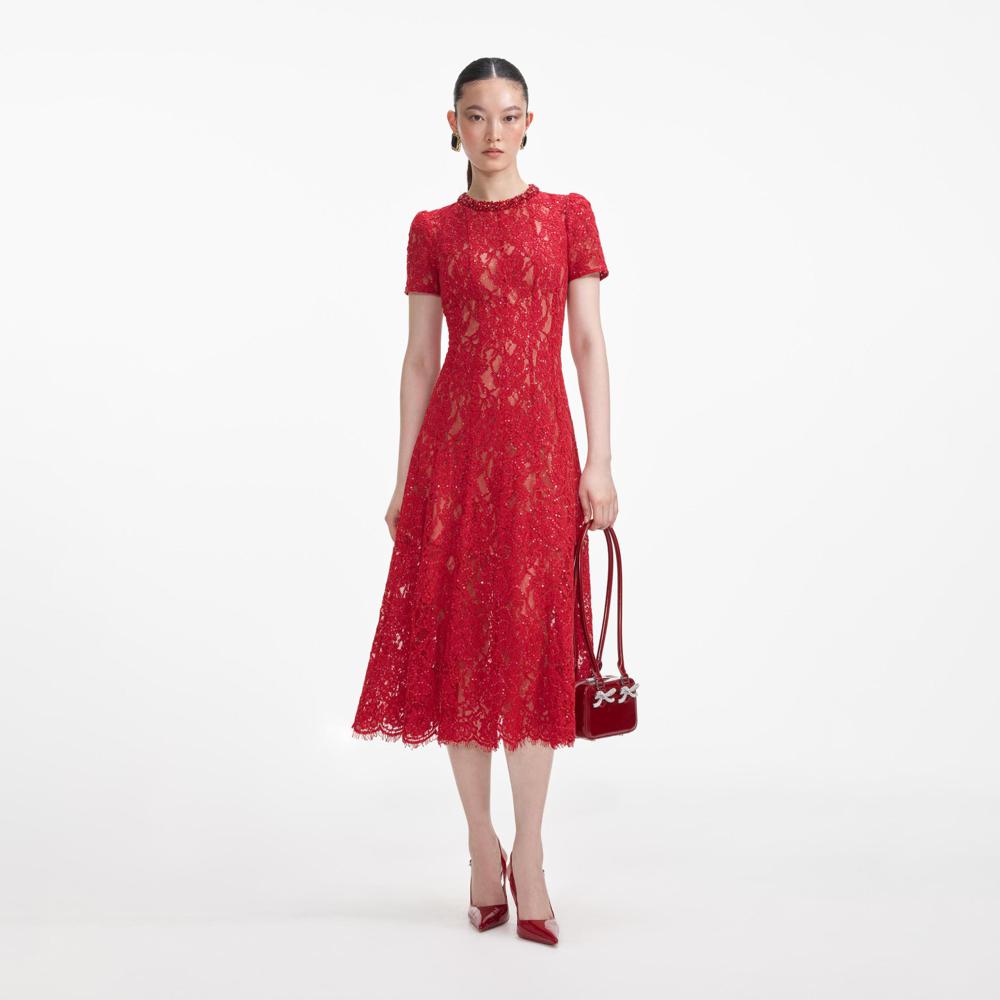 SELF PORTRAIT VIP SS24 Red Sequin Lace Midi Dress